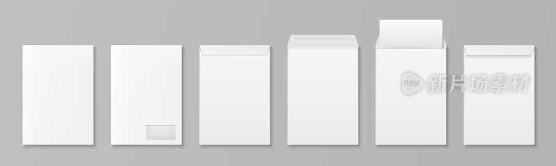 矢量3d现实的白纸空白信封与信单和窗口隔离。A4, C5, C6, A6, C6, A5, C5尺寸。模型设计模板。开了又关。俯视图或前视图